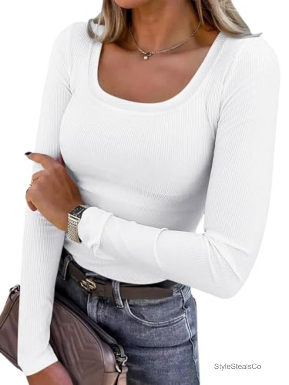 Women's Long Sleeve Scoop Neck Ribbed Knit T-Shirt Casual Basic Top